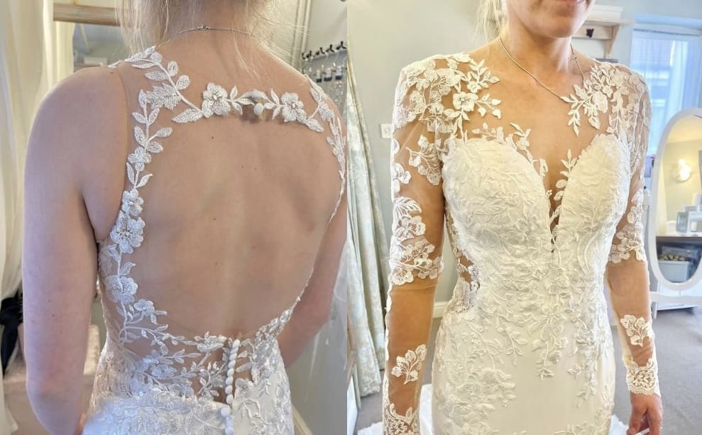 Long lace sleeves added to a wedding dress, showing carefully blended lace and applique designed to match the original dress.