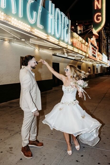 Roxy wearing her mum's redesigned wedding dress in Las Vegas