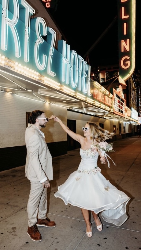 Roxy wearing her mum's redesigned wedding dress in Las Vegas
