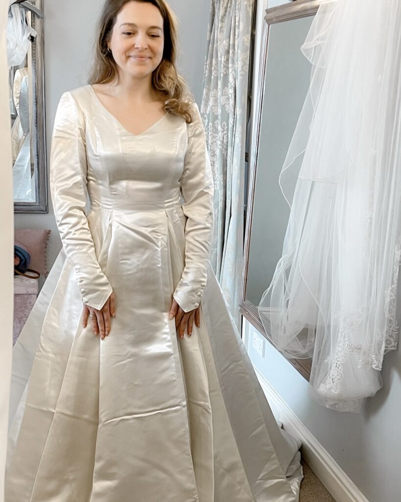 Fiona wearing her mum’s wedding dress before the heirloom redesign