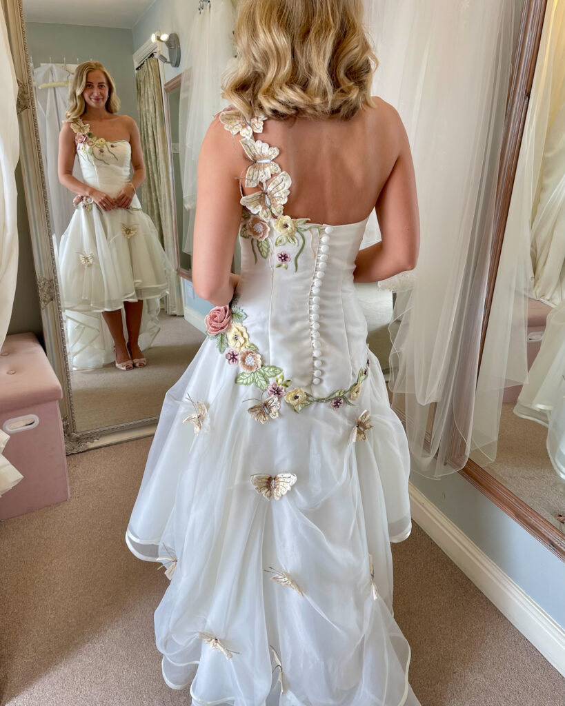Roxy wearing her finished heirloom wedding dress redesign, created from her mum’s original gown